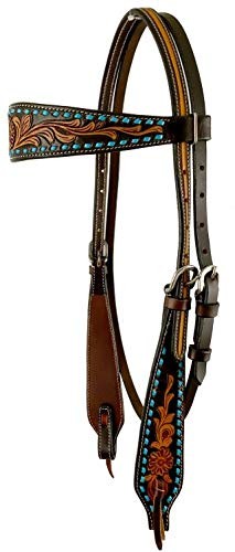 Showman Argentina Cow Leather Headstall-Floral Tooling/Turquoise Rawhide Lacing
