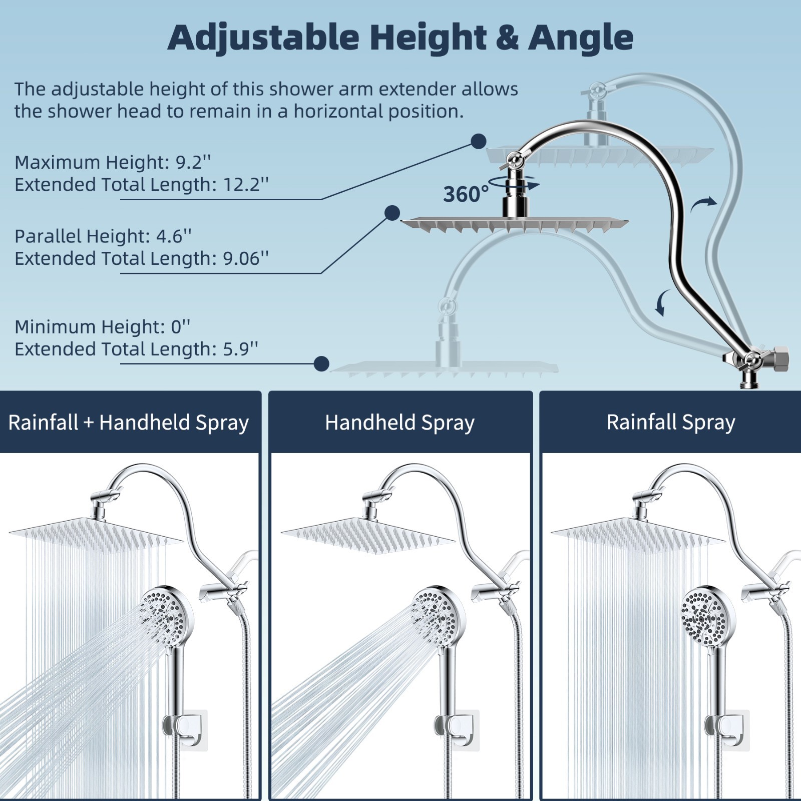 8" High Pressure Rainfall Shower Head Combo with Handheld Spray 10 Spray Setting