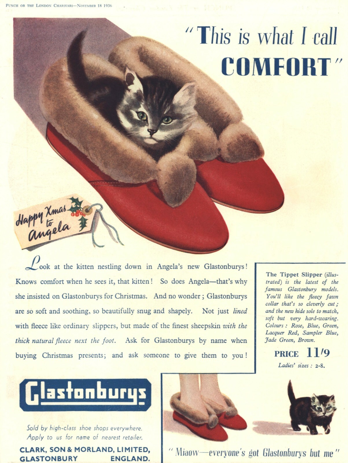 Vintage ADVERTISEMENT for GLASTONBURYS FLEECE SLIPPER - Cute Cat / Kitten - 1936
