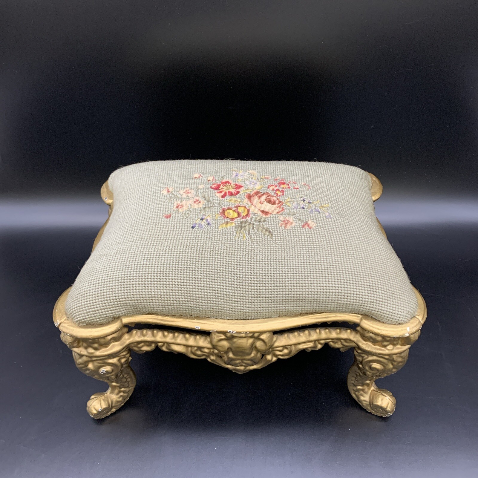 VTG Needlepoint Tiny Footstool with Metal Legs – Charming Petite Accent Stool