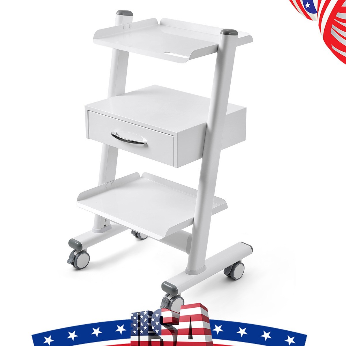 3 Tier Dental Medical Mobile Trolley Tool Cart with Drawer Socket Alloy-Handled