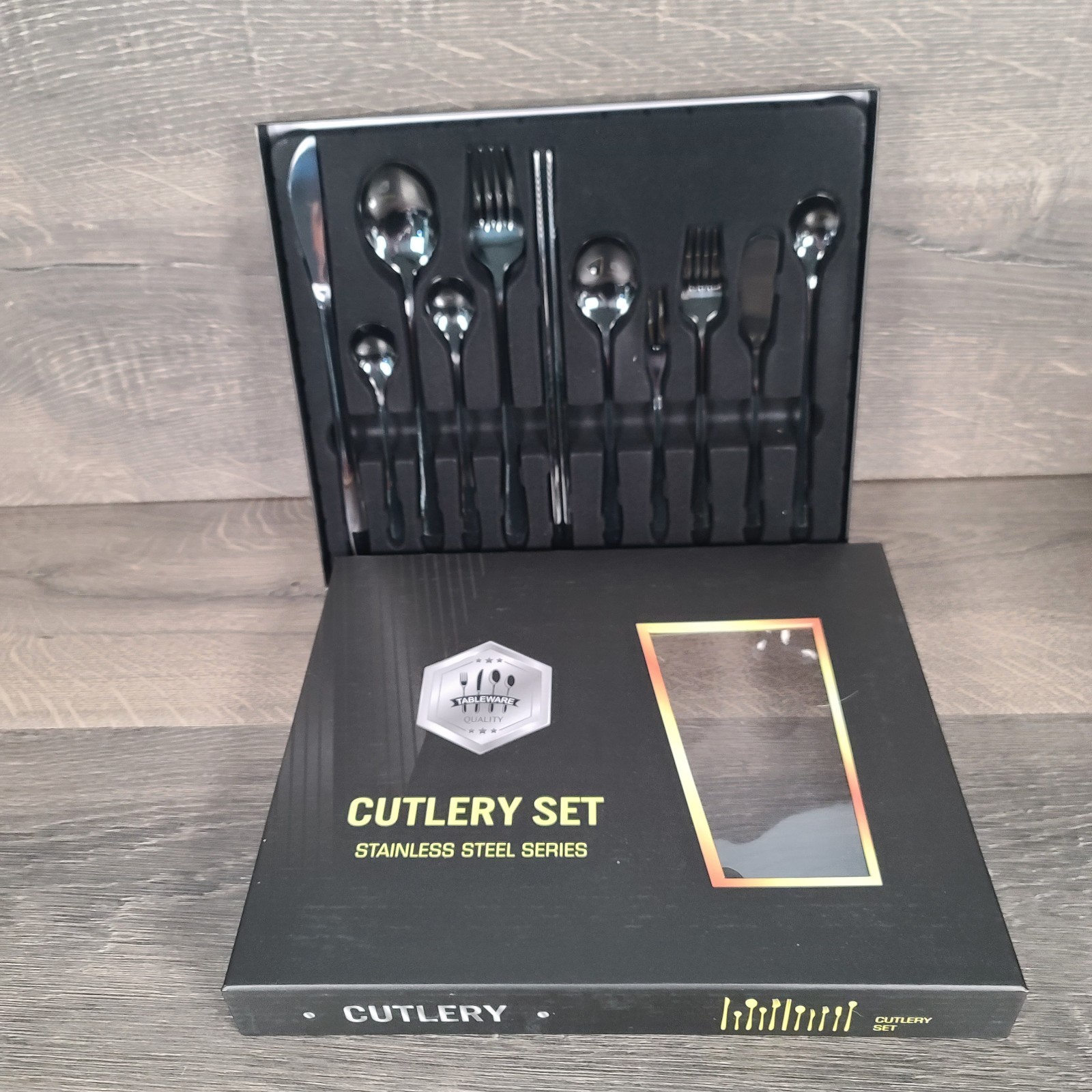 New Open Box Black Stainless Steel Series 11pc Flatware Set Modern Cutlery