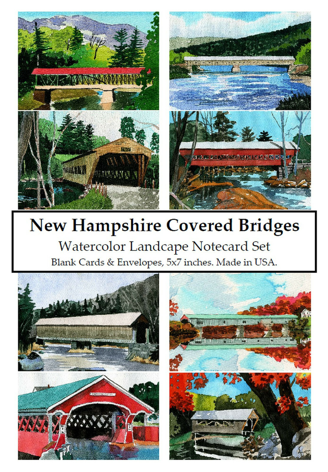 New Hampshire Covered Bridges Notecard Set. 8 Watercolors of classic New England