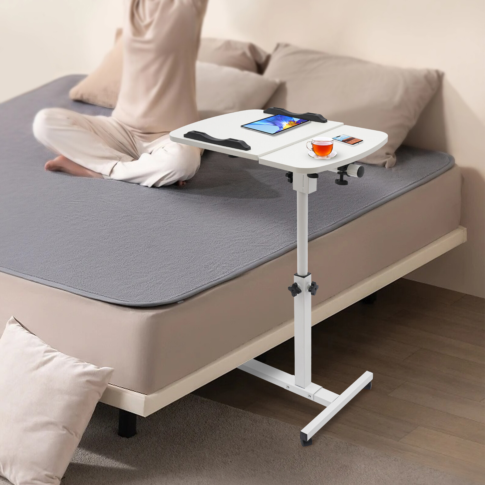Over Bed Table Mobile Rolling Laptop Stand Computer Bedside Table Adjustable New