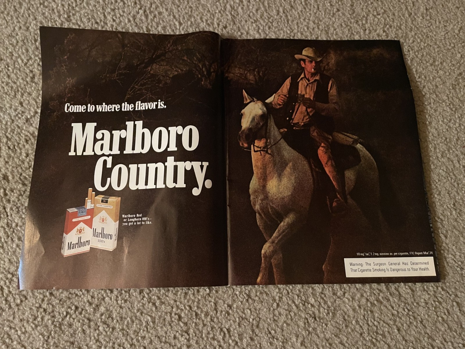 Vintage 1974 MARLBORO COUNTRY CIGARETTES RED 100's Print Ad 1970s HORSE COWBOY