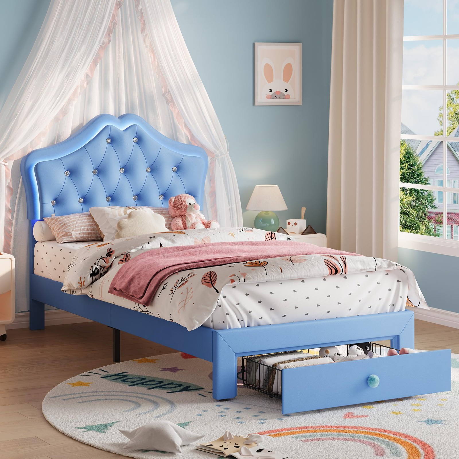 Twin Size Bed Frame w/Velvet Crystal Button Headboard & LED Light Platform ,Blue