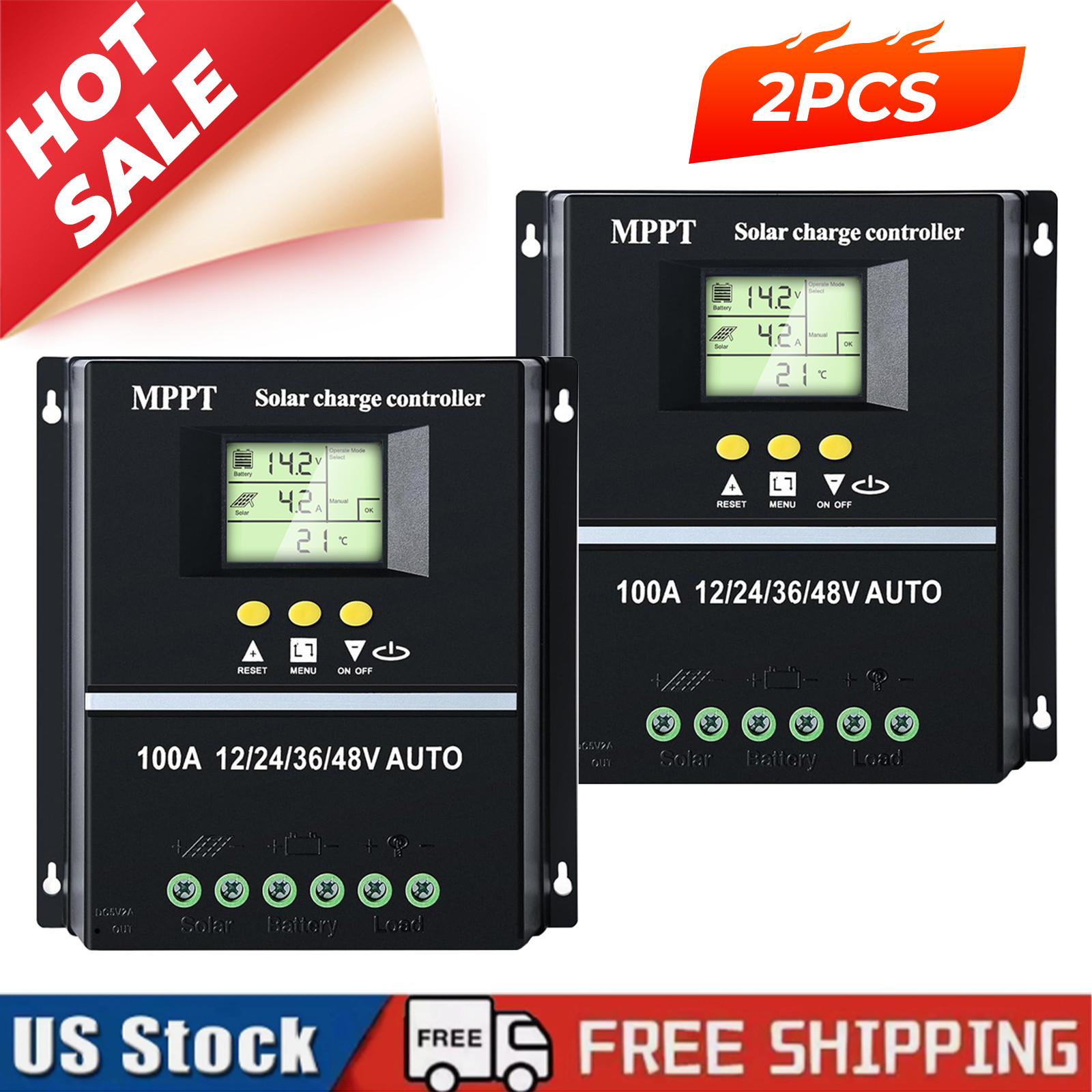 2pcs 100A MPPT Solar Charge Controller Tools 12V/24V/36V/48V LCD Dual USB
