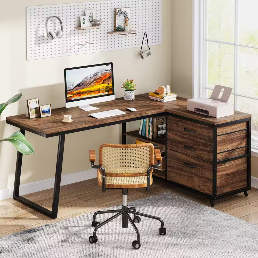 Capen 53 In. L-Shaped Brown Engineered Wood 3-Drawer Computer Desk Corner Office