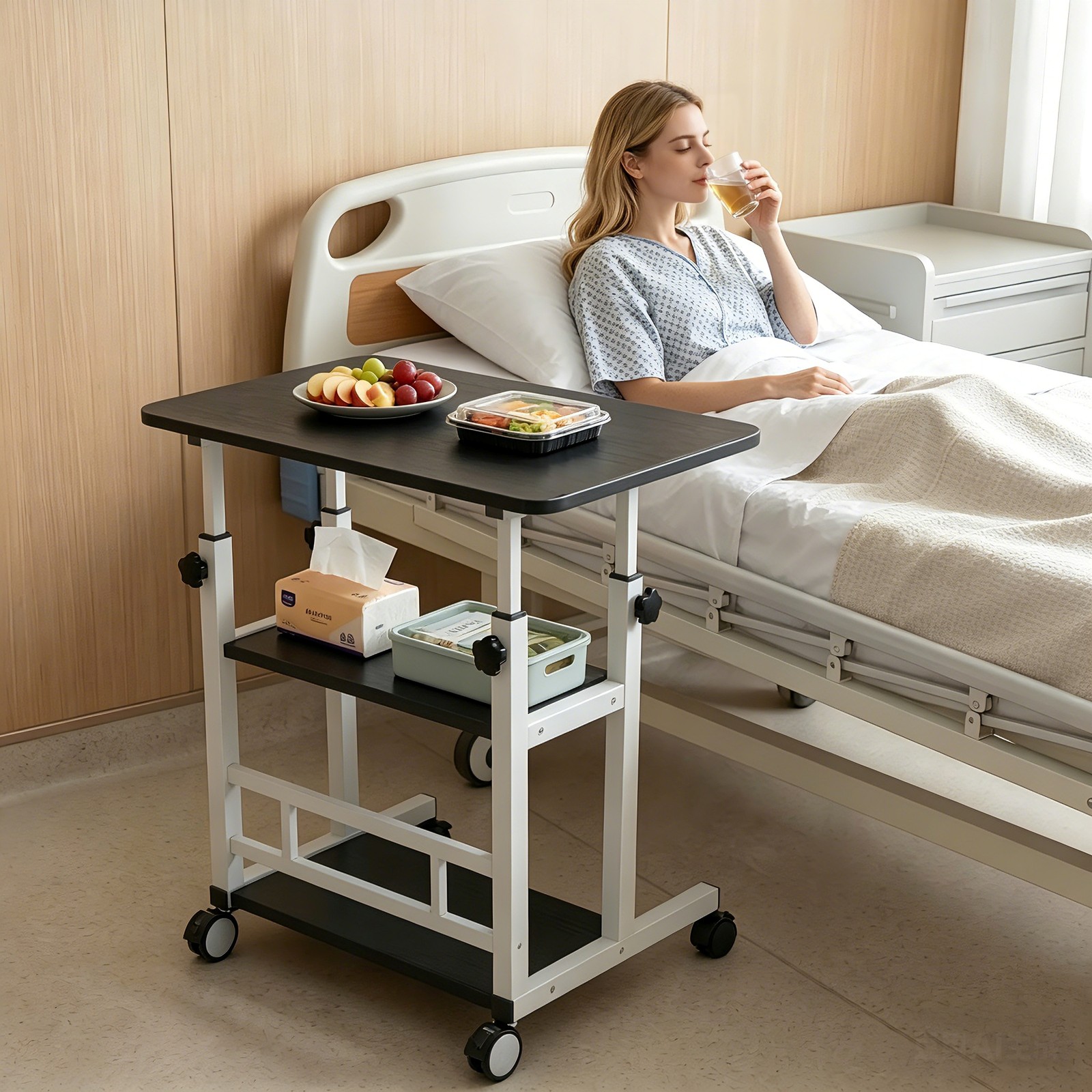 3-Tier Black Adjustable Nursing Bedside Table Simple Hospital Bedside Table