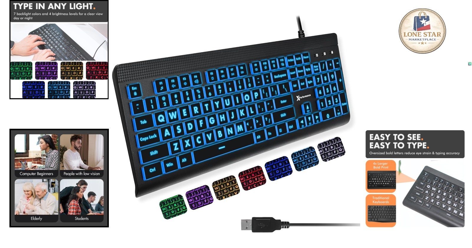 X9 Large Print Backlit Computer Keyboard - Easy to See Big Letters - Lighted USB