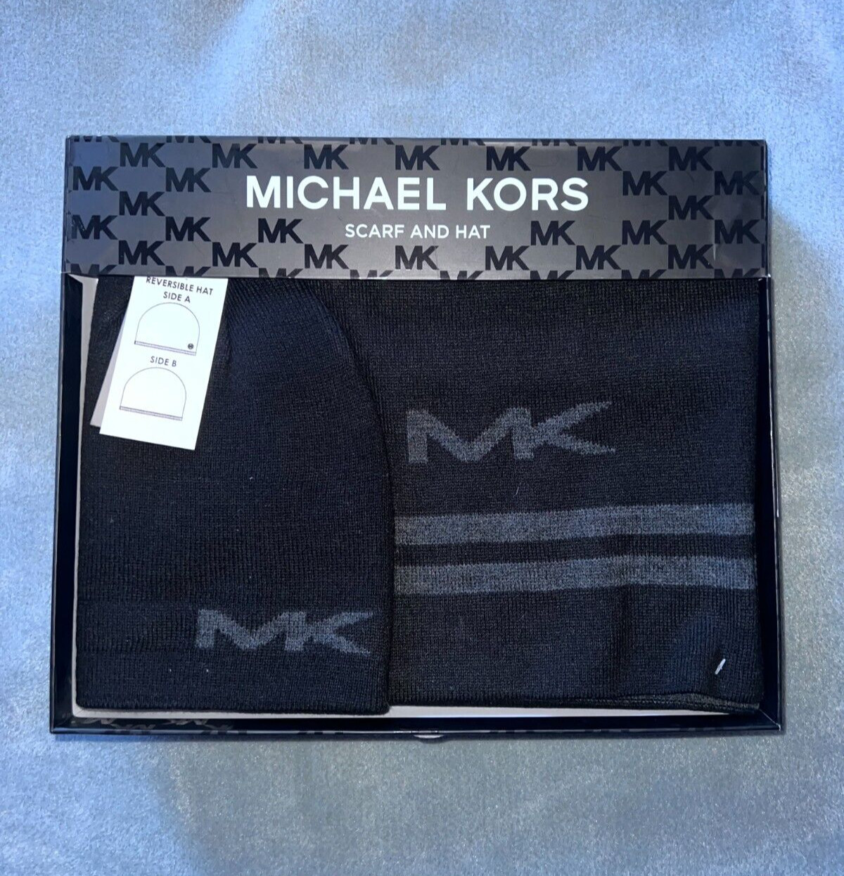 NWT Mens MICHAEL KORS 2-Piece Scarf & Reversible Beanie Hat Set, Black/Grey
