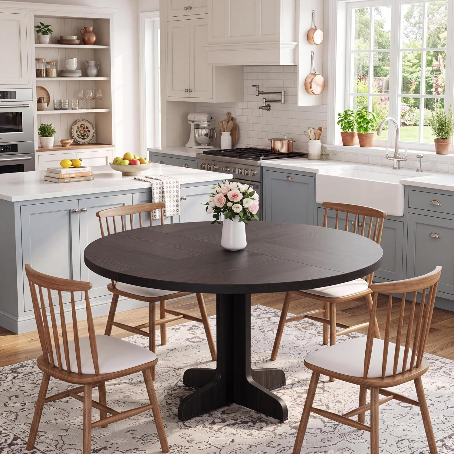 47 in round Dining Table for 4, Farmhouse Kitchen Dining Room Circle Dinner Tabl