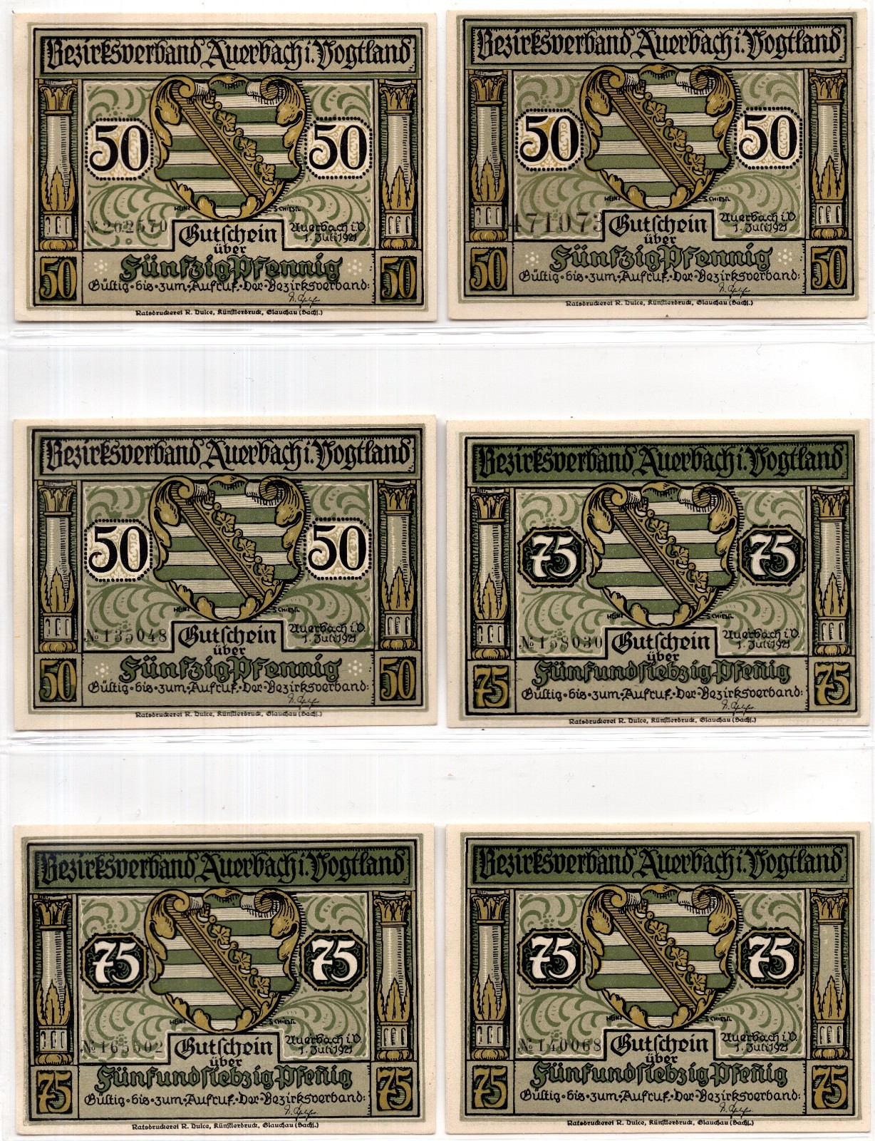 1921 Germany Auerbach Notgeld Set of 6 Notes (3096)