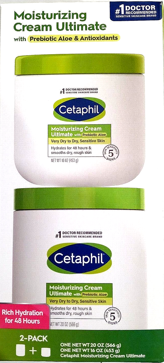 Cetaphil Moisturizing Cream Ultimate with Prebiotic Aloe, 2 Pack (20 Oz + 16 Oz)