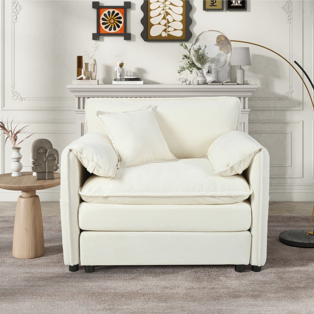 Modern Beige Chenille Armchair w/ Pillow for Living Room, Bedroom