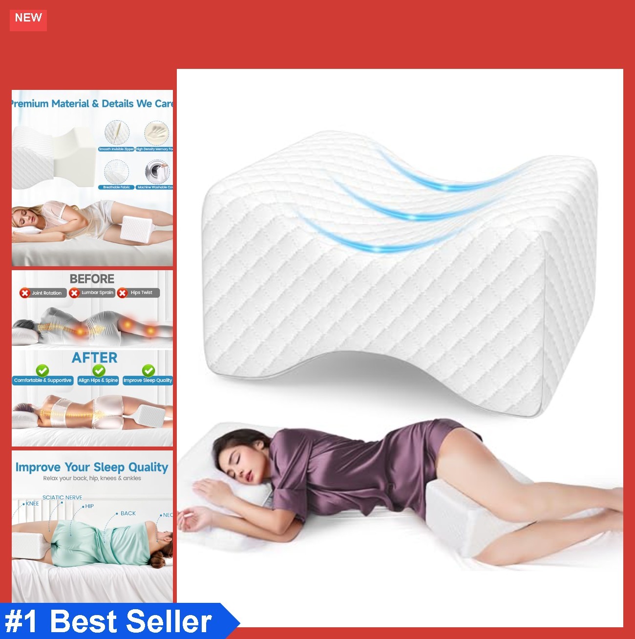 Memory Foam Knee Pillow for Side Sleepers 10.6 Inch Leg Support Sciatica Relief