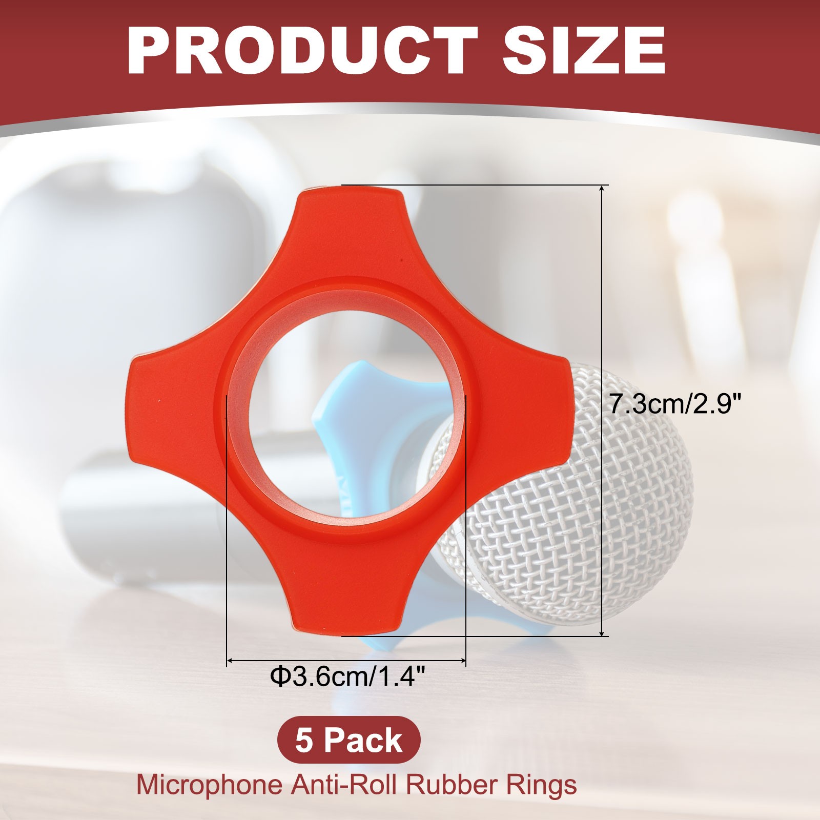 Microphone Anti-Roll Rubber Rings, 5 Pack & 1.4 x 2.9" & Red