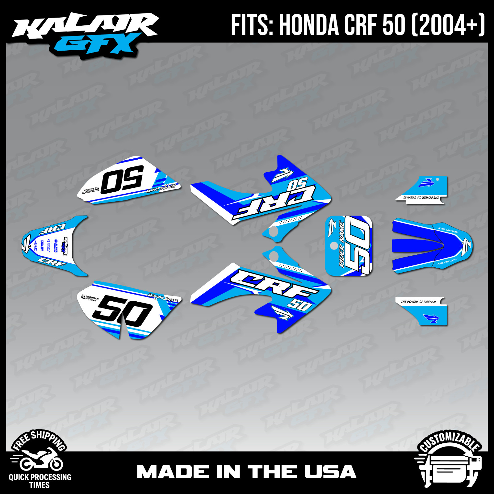 Graphics Kit for Honda CRF50 (2004-2012) or (2013+) Evolution - Blue
