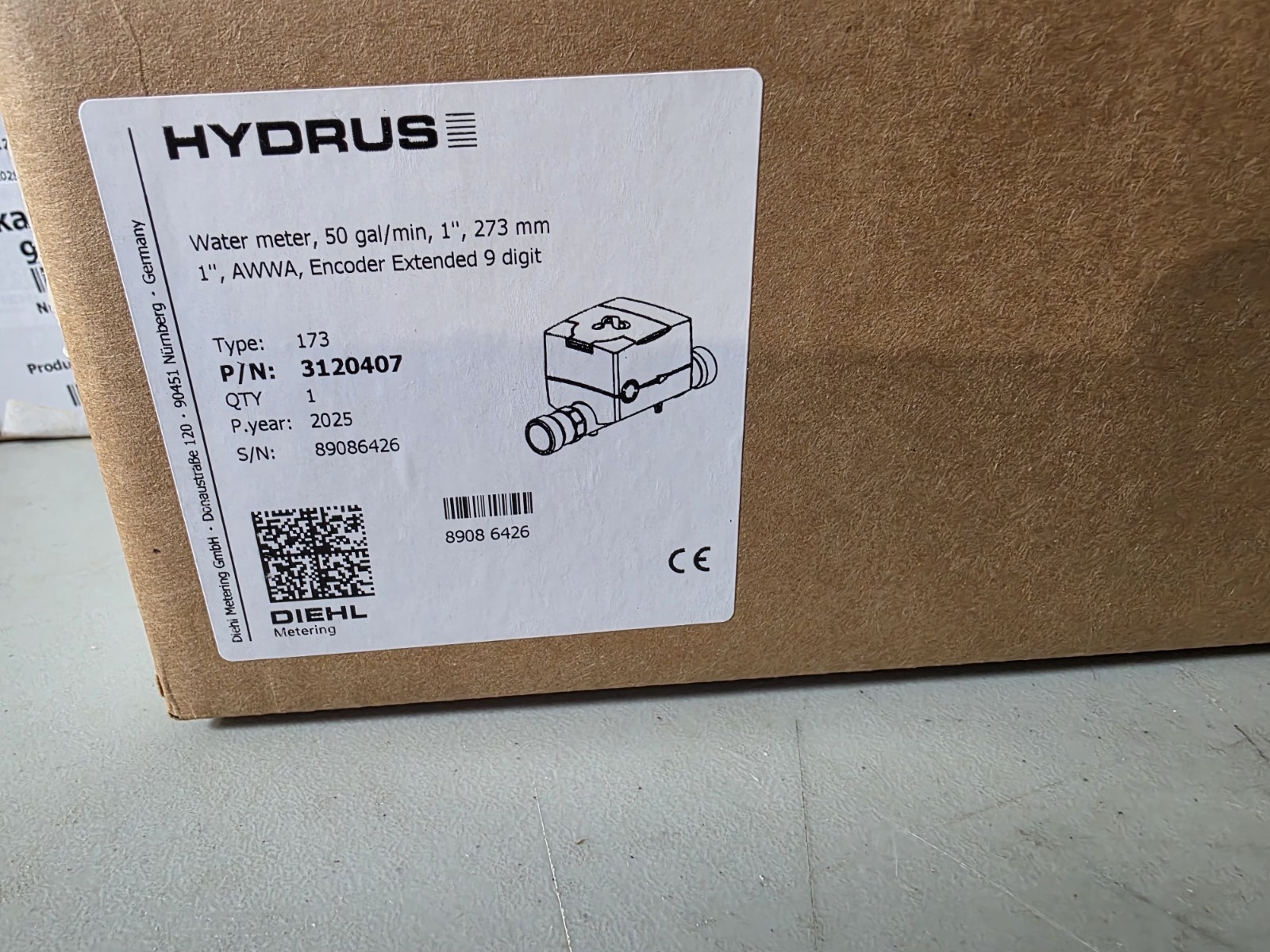Hydrus Diehl Water Meter 3120407 50 Gal/Min 1" 272mm AWWA 9 Digit Encoder