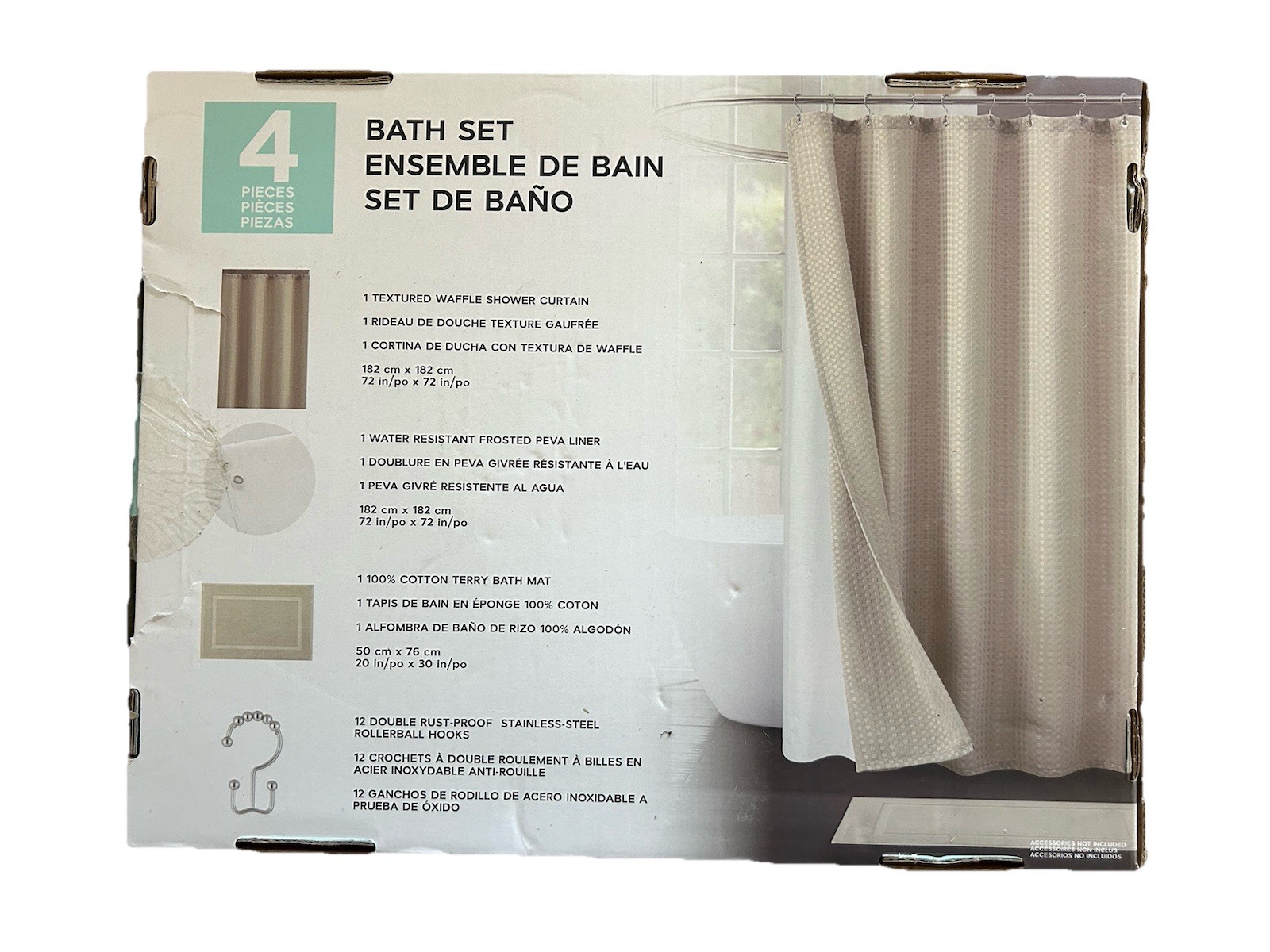 4 Pc Bath Set - Curtain, Liner, Hooks, And Bath Mat - Taupe