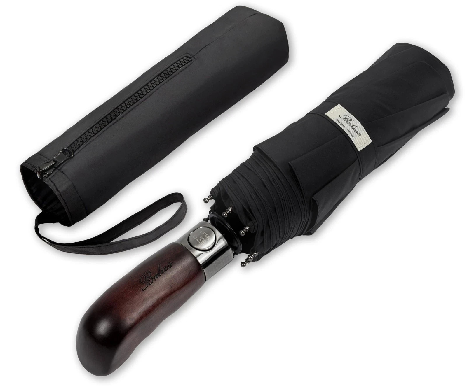 Travel Umbrella with Wood Handle | Auto Open, Close, Vented, Windproof Black