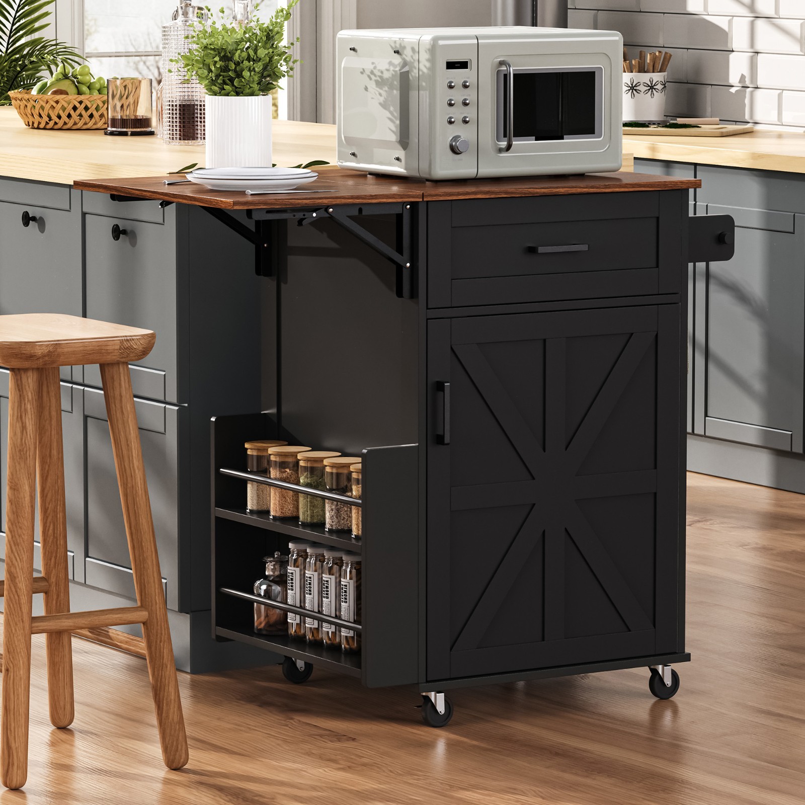 Rolling Kitchen Island Cart Storage Cabinet with Drop Leaf and Side Rack