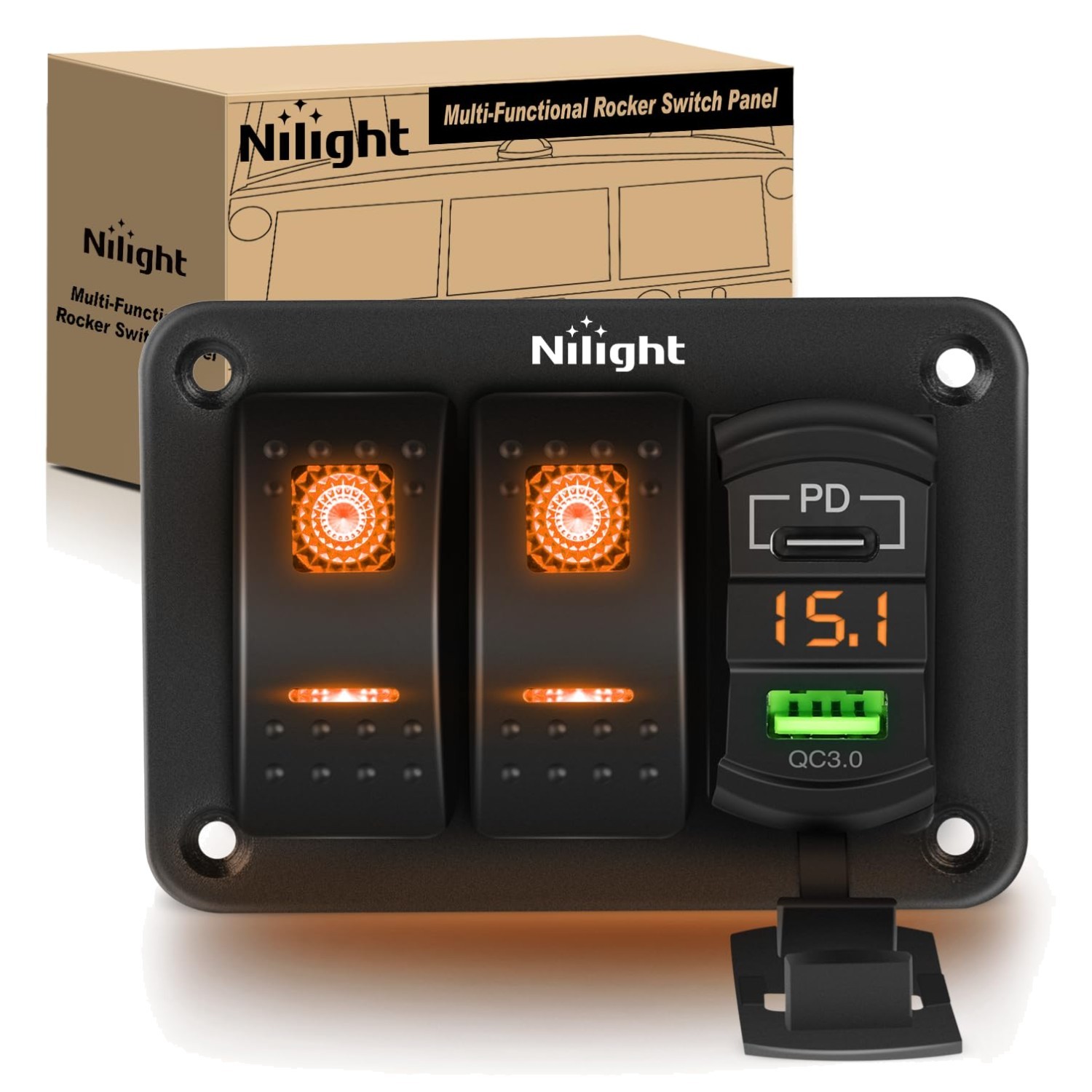 2 Gang Rocker Switch Panel with USB & PD Type C Charger, 12V Waterproof