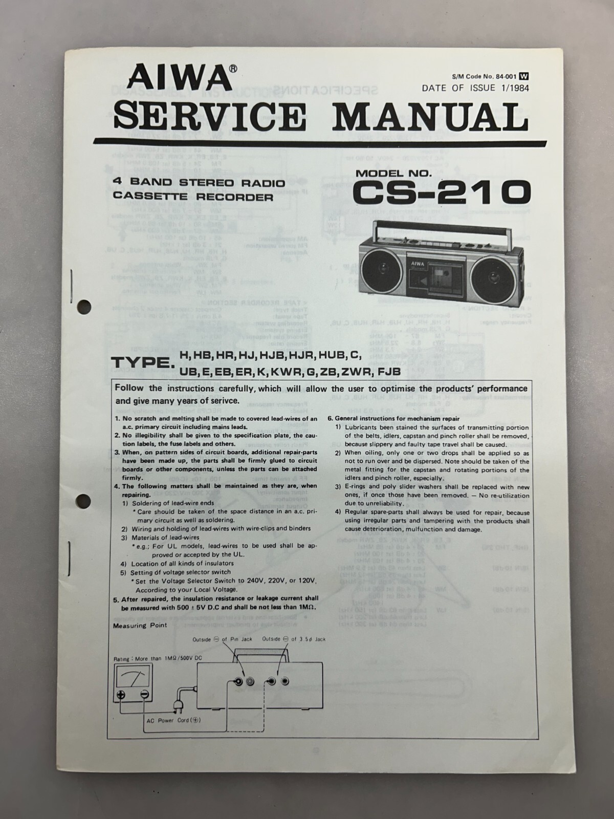 Aiwa CS-210 Original Service Manual Free Shipping