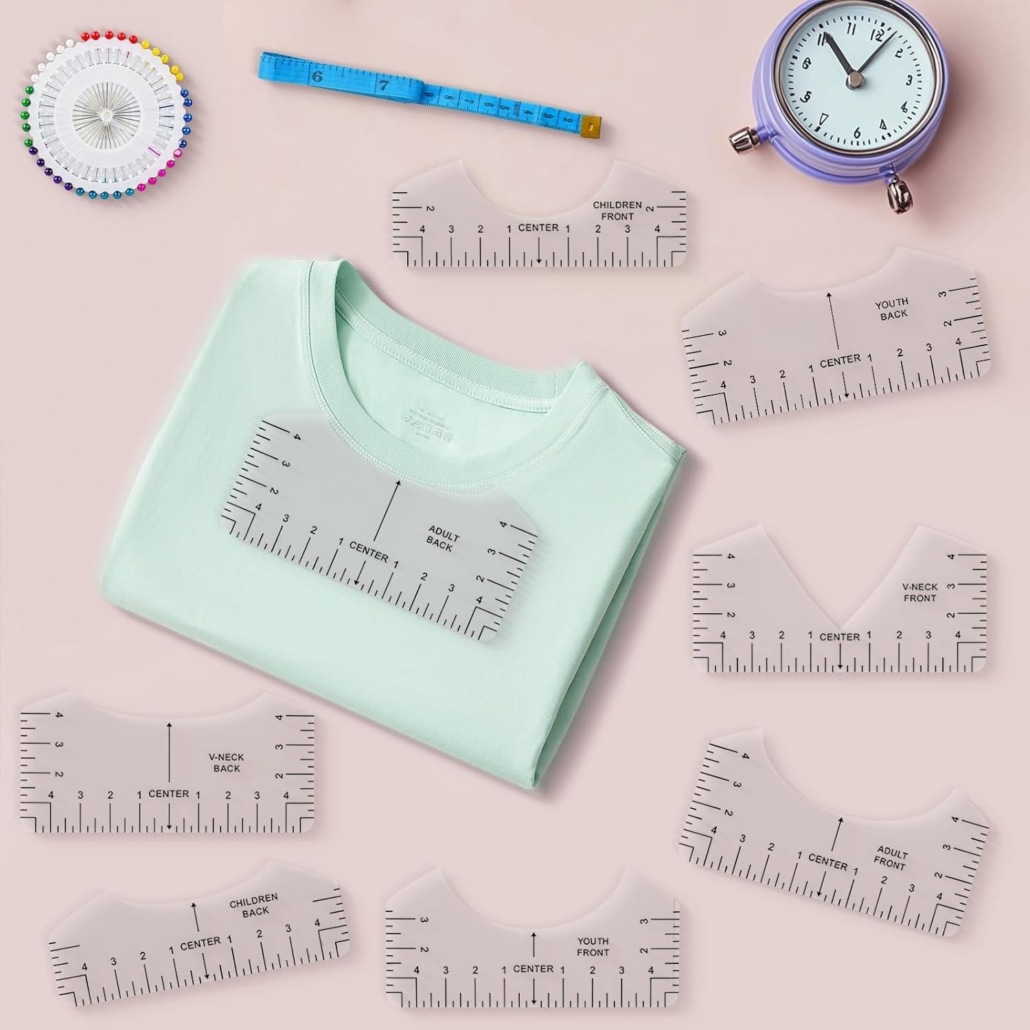 Tshirt Ruler Guide Vinyl Alignment, Transparent V-Neck/Round PVC Ruler for Align