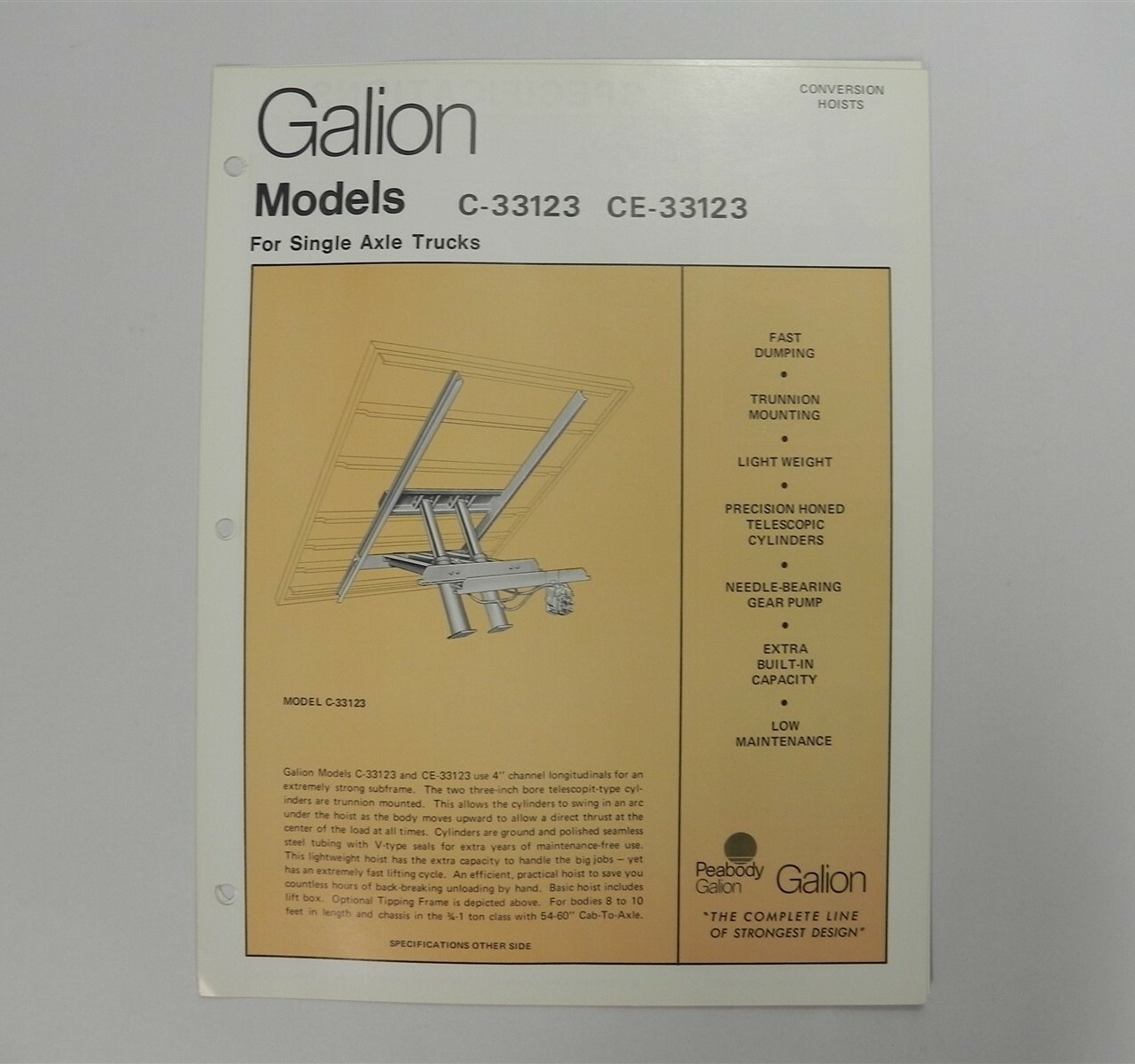 GALION MODEL SHEETS | FOR SINGLE AXLE TRUCKS CONVERSION HOISTS *VERY GOOD COND*