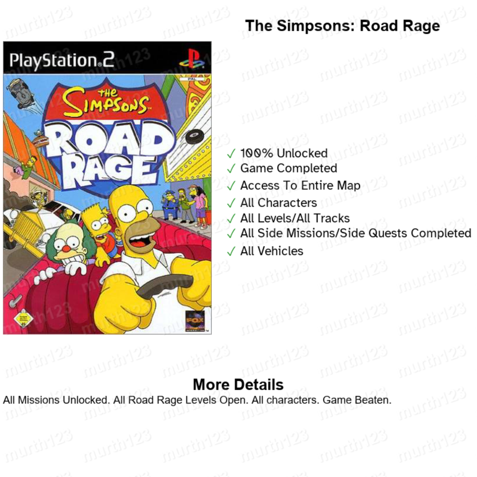 The Simpsons Hit & Run PS2 Official Memory Card Unlocked Completed Saves