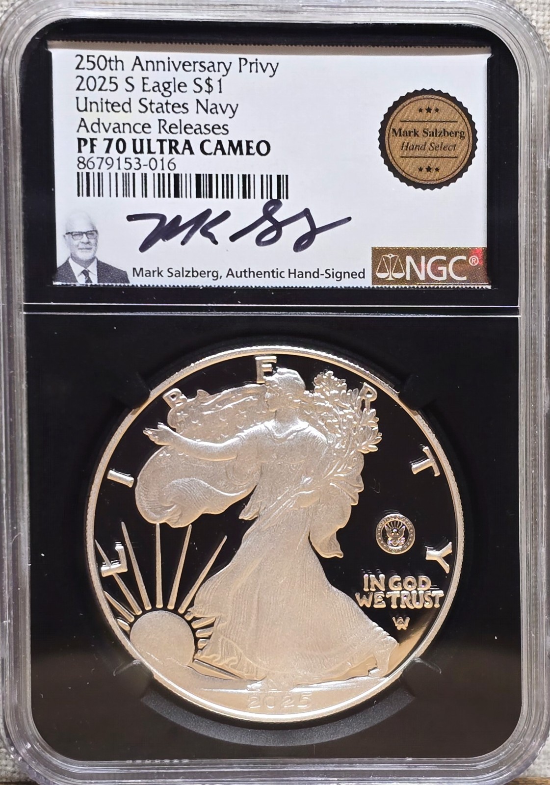 2025 S Silver Eagle 250th Anniv U.S. Navy Privy NGC PF70 UCAM Advance Releases