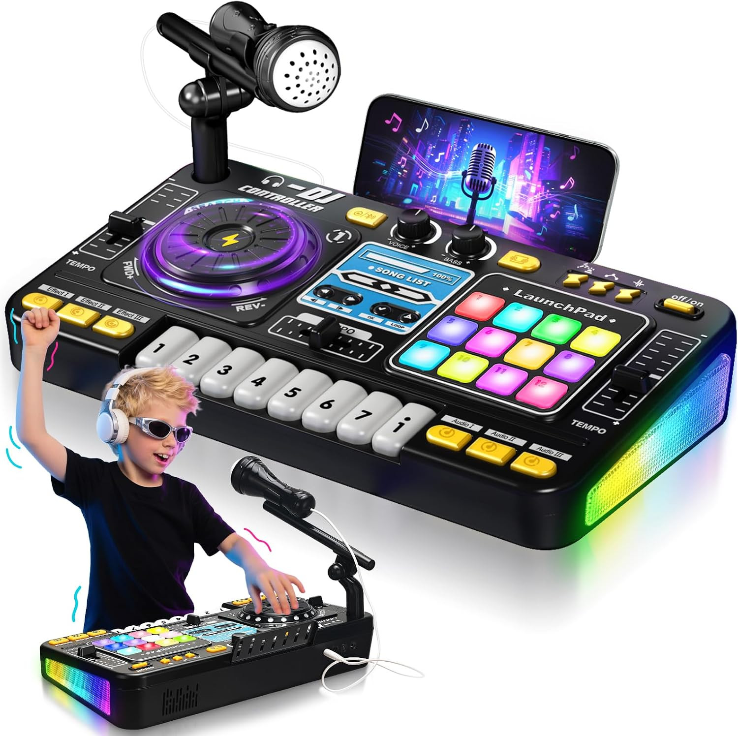 DJ Mixer for Kids, Toddler DJ Mixing Table with DJ Turntable, Game Mode, Light &