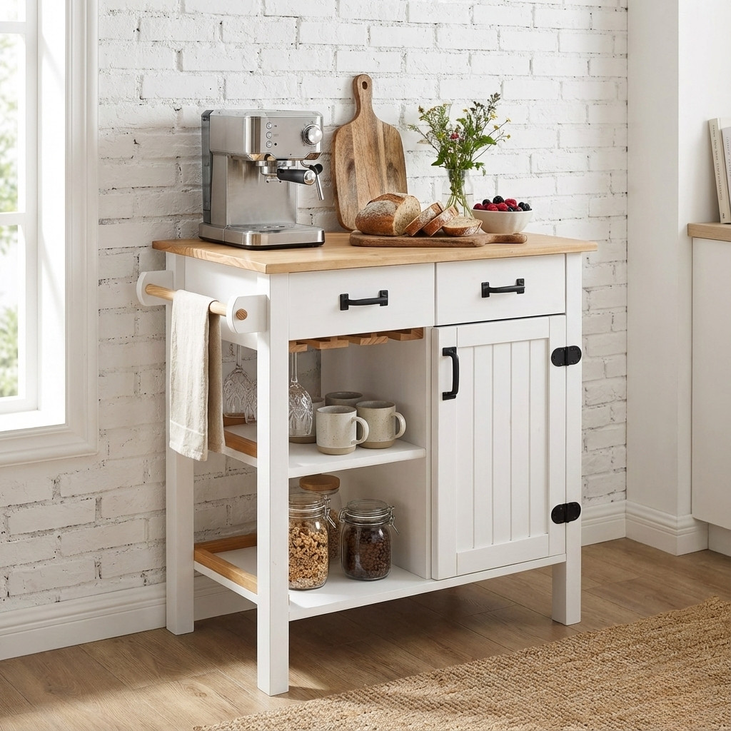 Pine Wood Kitchen Storage Cabinet Island Cart