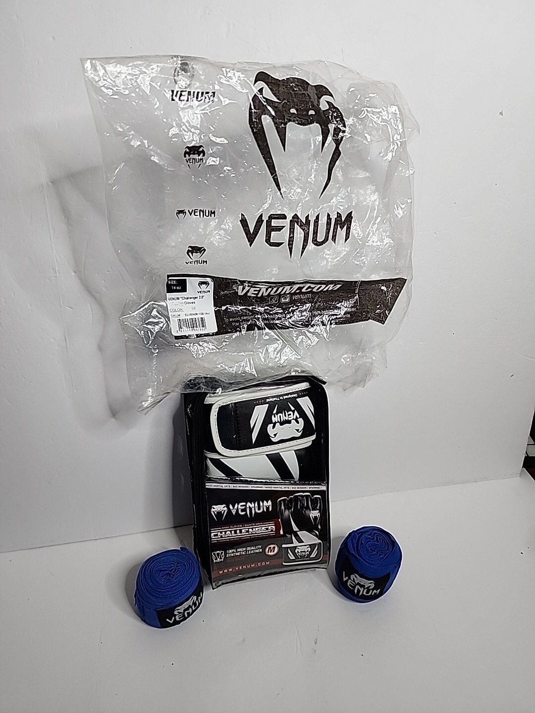 Venum Challenger MMA Training Gloves Black Med Faux Leather 4oz + Elastic Wraps