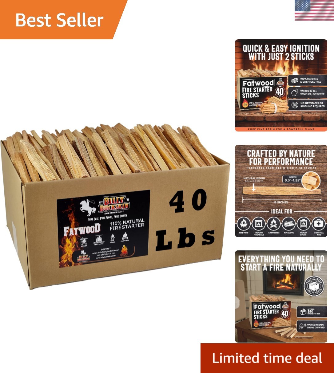 All-Weather 40lb Fatwood Sticks - Effortless Fire Starter for Campfires & Grills