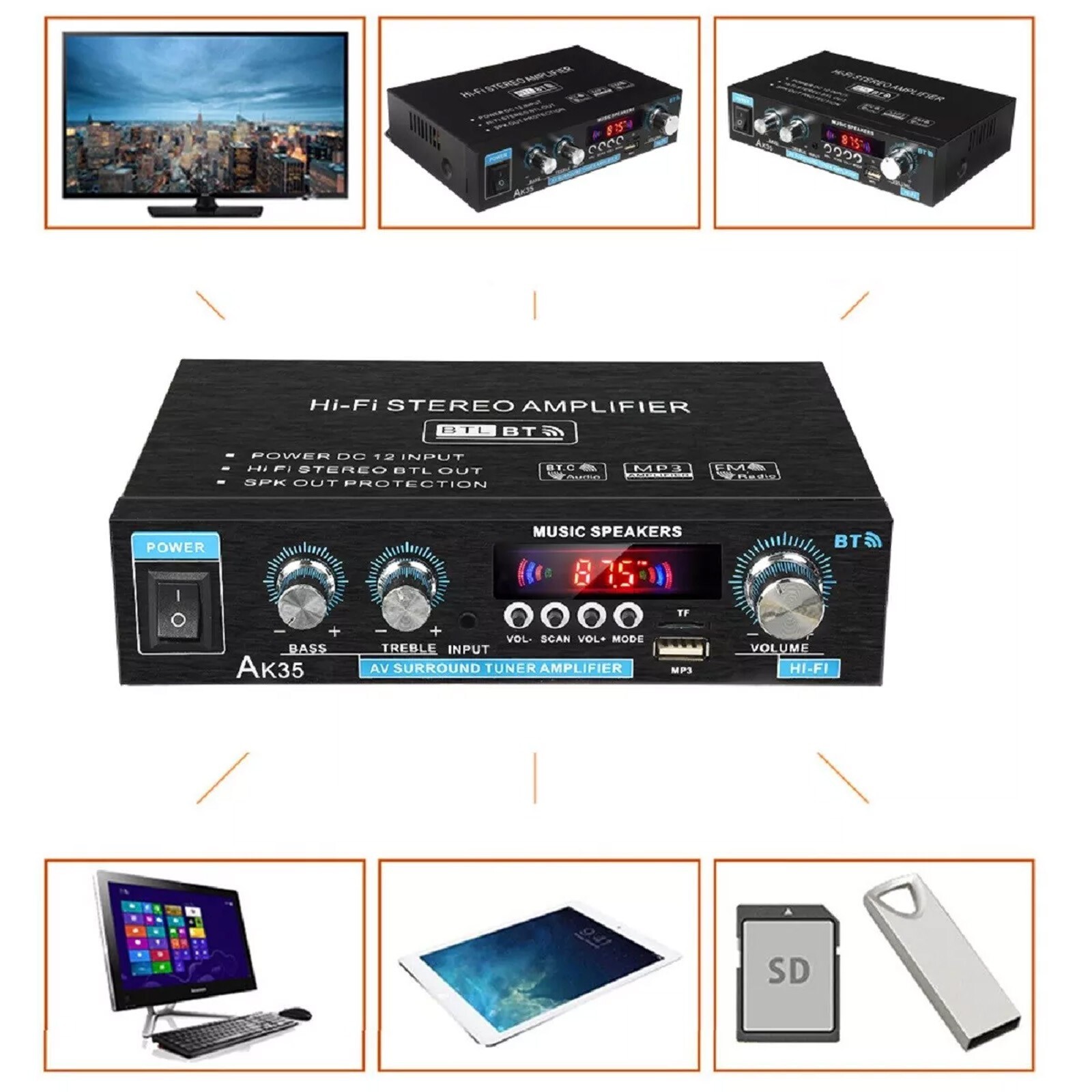 Black 600W Bluetooth 5.0 Power Amplifier Audio AMP Stereo Amplifier Car&Home