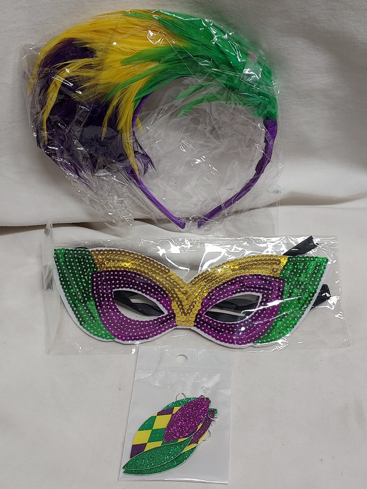 Mardi Gras Accessories 3pc Adult Women's-Headband with feathers, Mask, Earrings