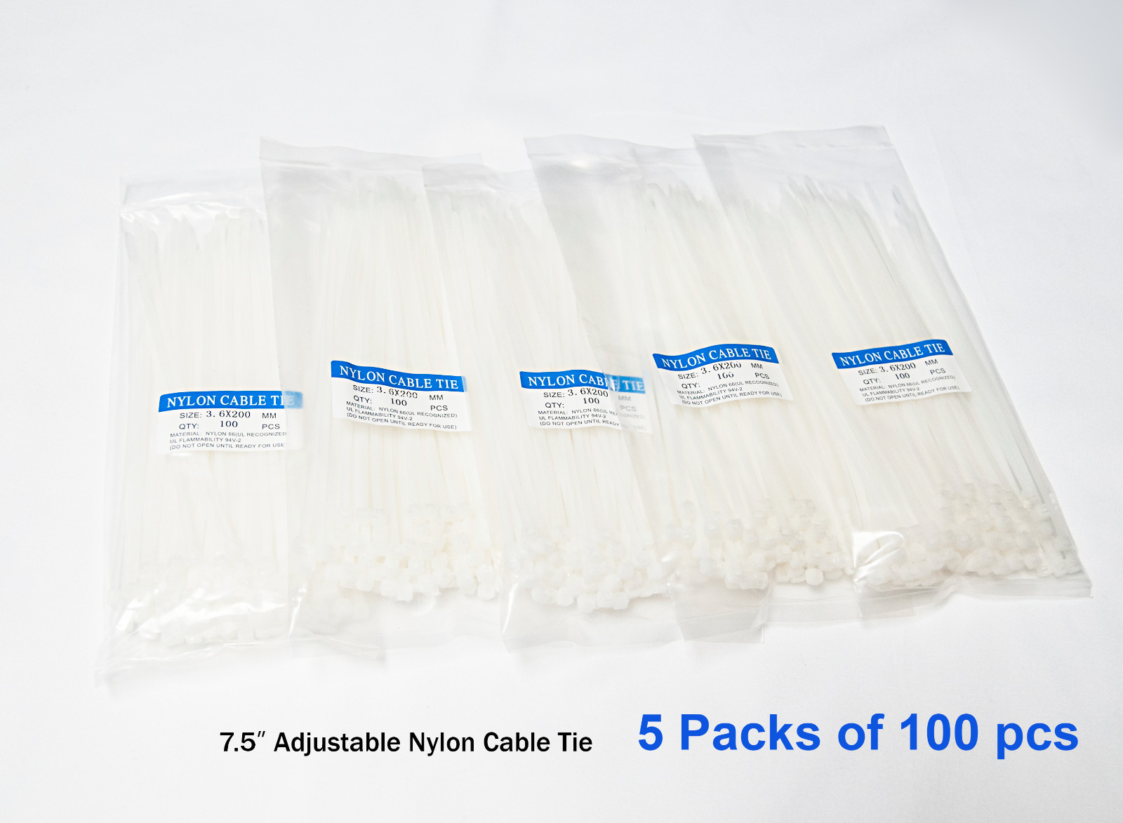Multi-Purpose Adjustable 7.5” & 11” Nylon Cable Tie – 5 Packs of 100 pcs