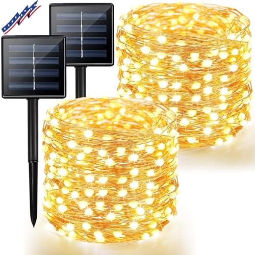 2Pack Solar String Lights Outdoor, 80FT 200LED Solar 2 Pack(100LED) Warm White