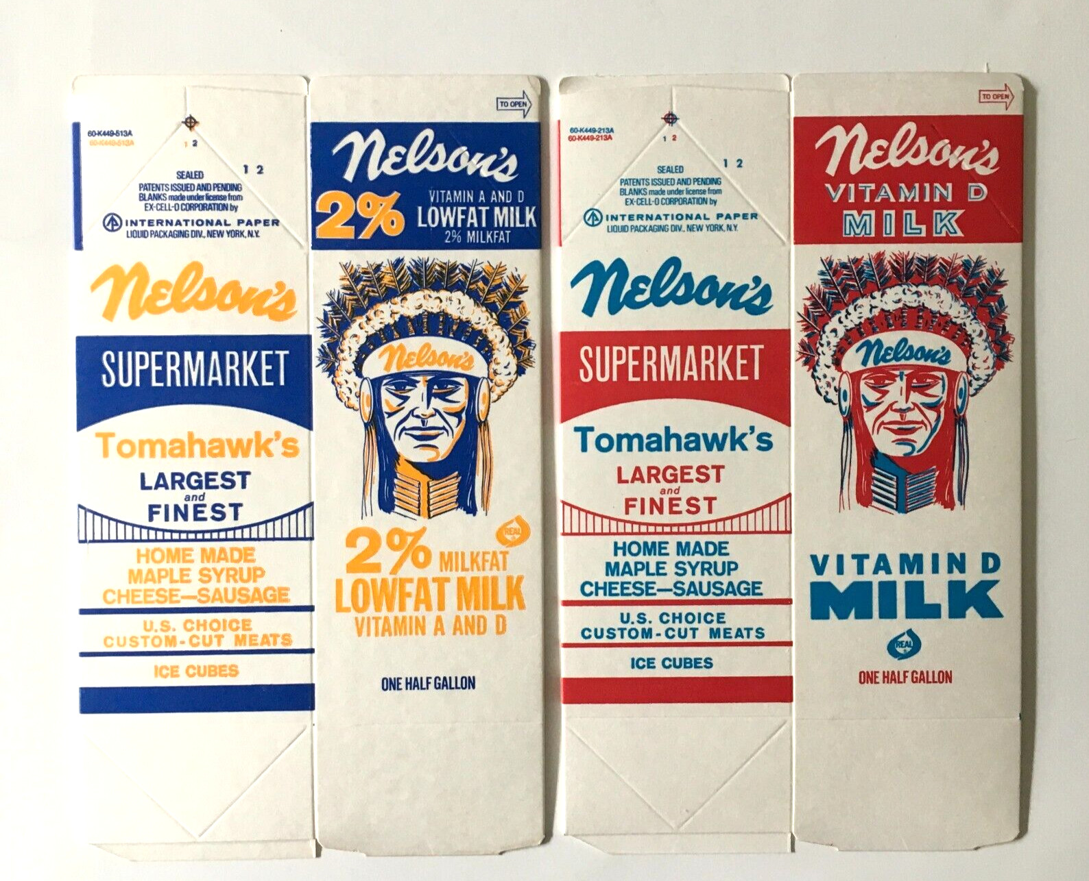 Nelson's Unused Milk Carton Indian Chief Logo / Vitamin D Milk Carton set of 2