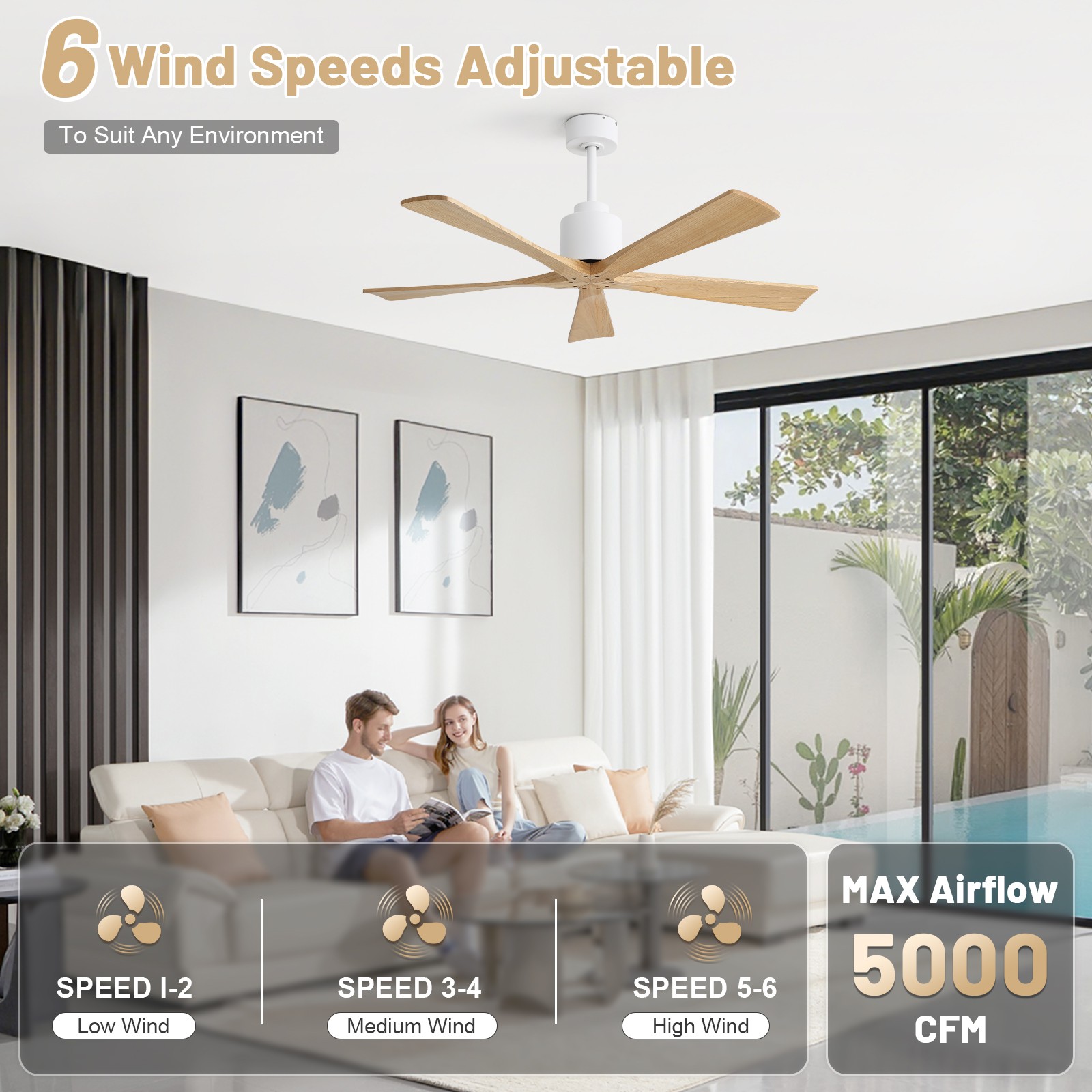 52" Solid Wood Flush Mount Ceiling Fan with Remote & Silent DC Motor Reversible