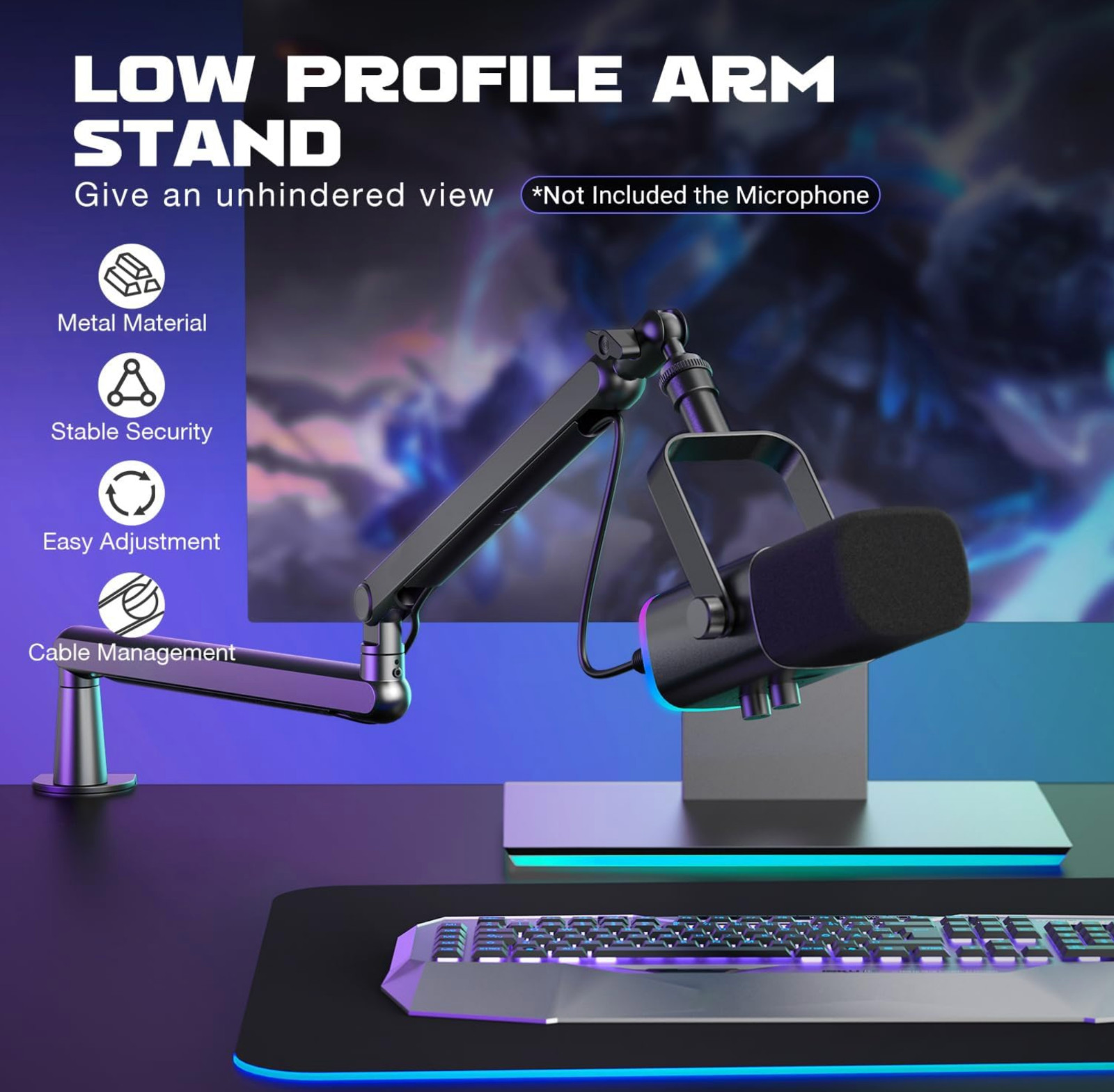 Microphone Boom Arm, Low Profile Mic Arm with Cable Management Channels