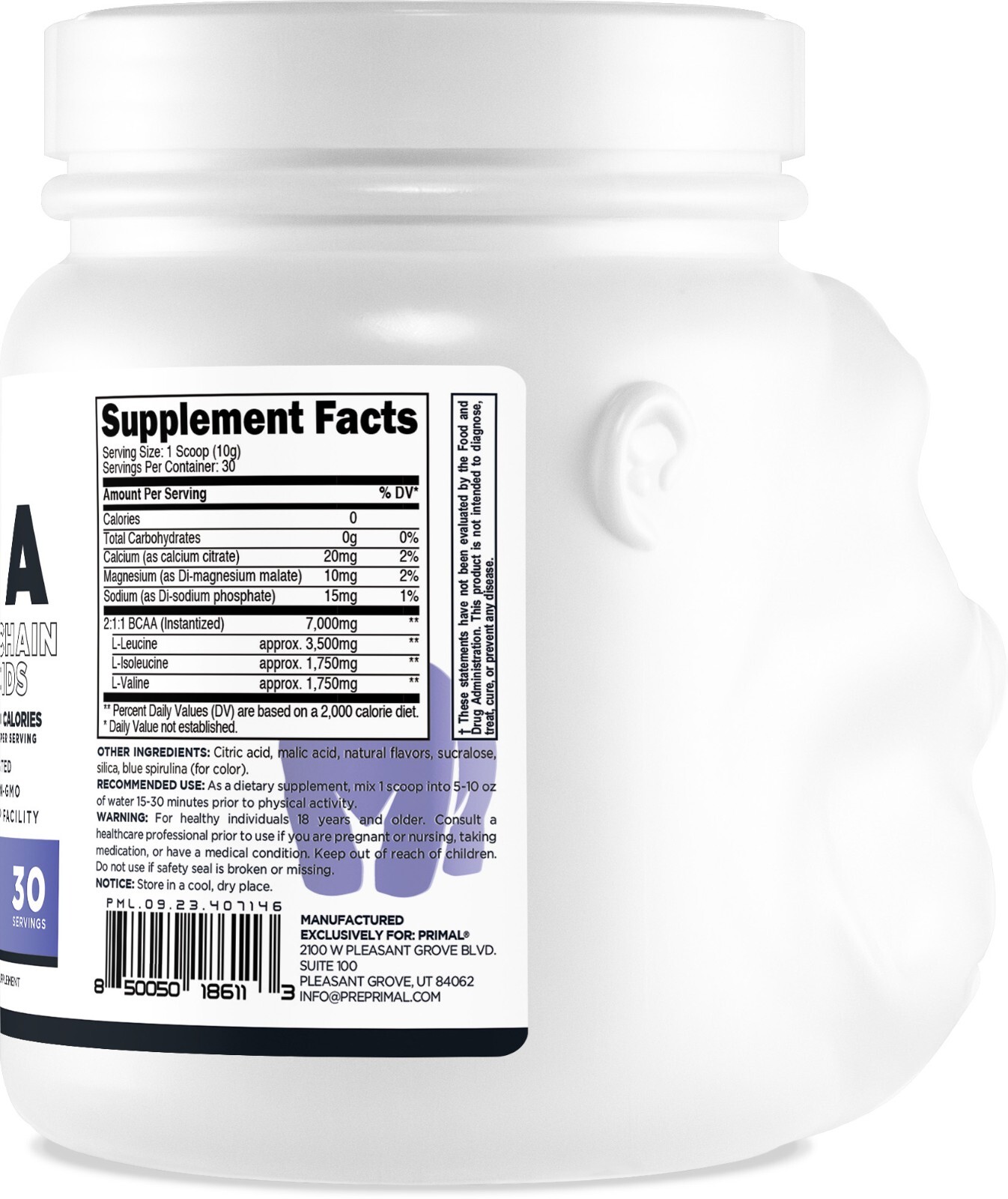Primal BCAA Powder Blue Raz (30 SERV) (Blue Raspberry Flavored) - 0 g Carbs