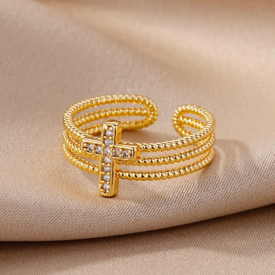 New Classic Adjustable Stainless Steel Cross Rings Unisex Silver Gold Color Open