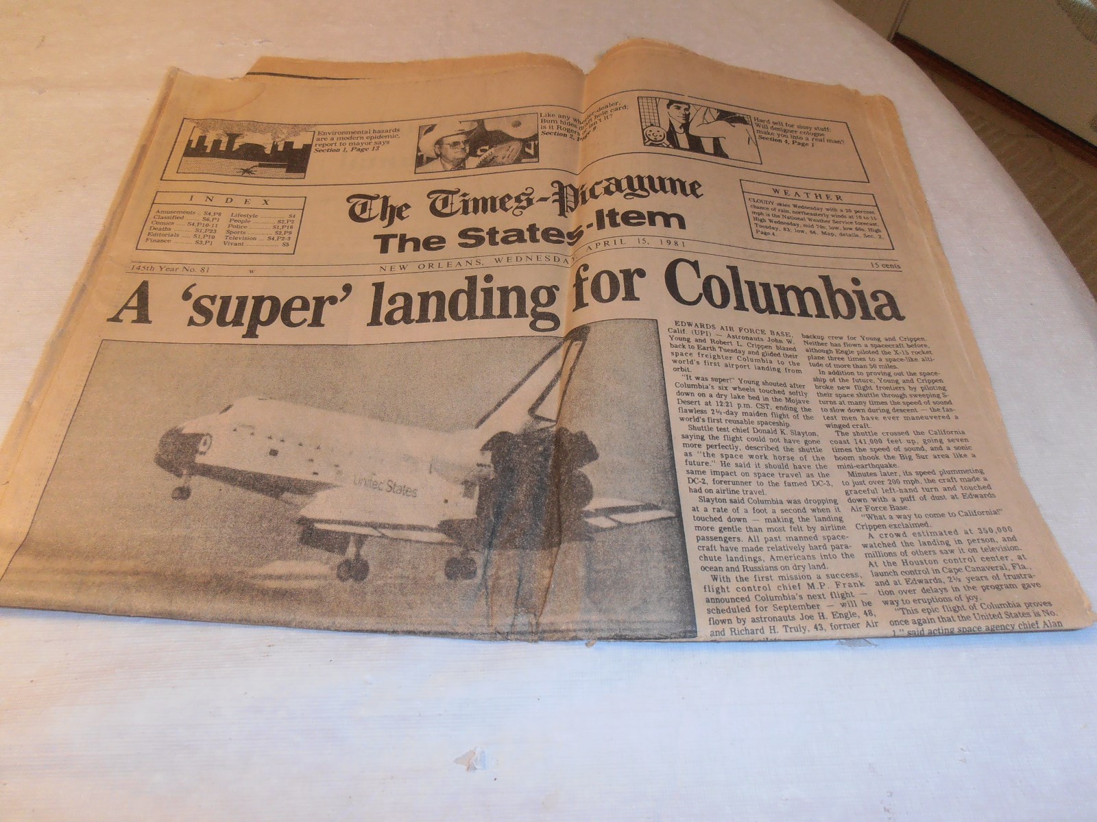 VINTAGE 1981 SPACE SHUTTLE COLUMBIA LANDING NEWSPAPER NEW ORLEANS TIMES-PICAYUNE