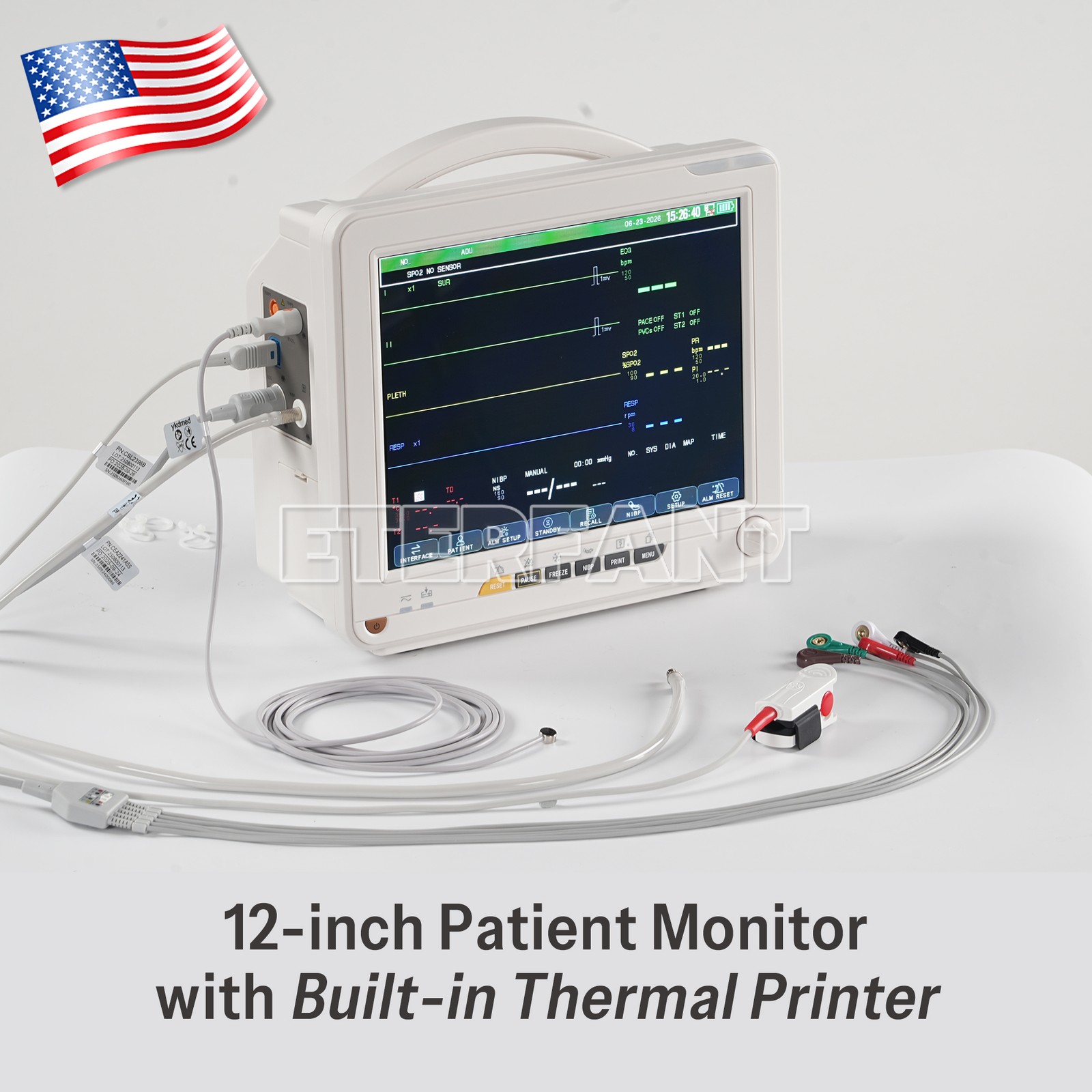 12" Patient Monitor for Hospital ECG NIBP RESP TEMP SPO2 PR with Thermal Printer