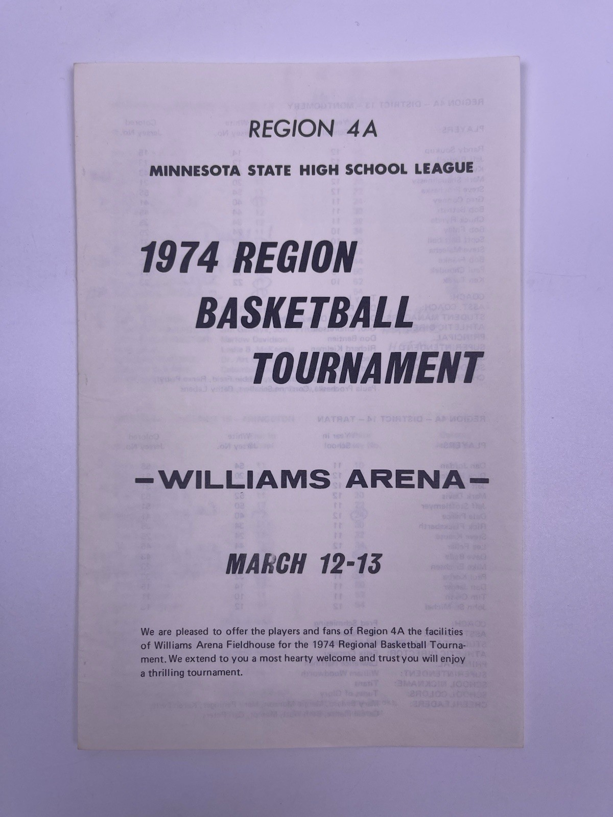 1974 Region 4A Minnesota High School Boys Basketball Tournament Program Williams