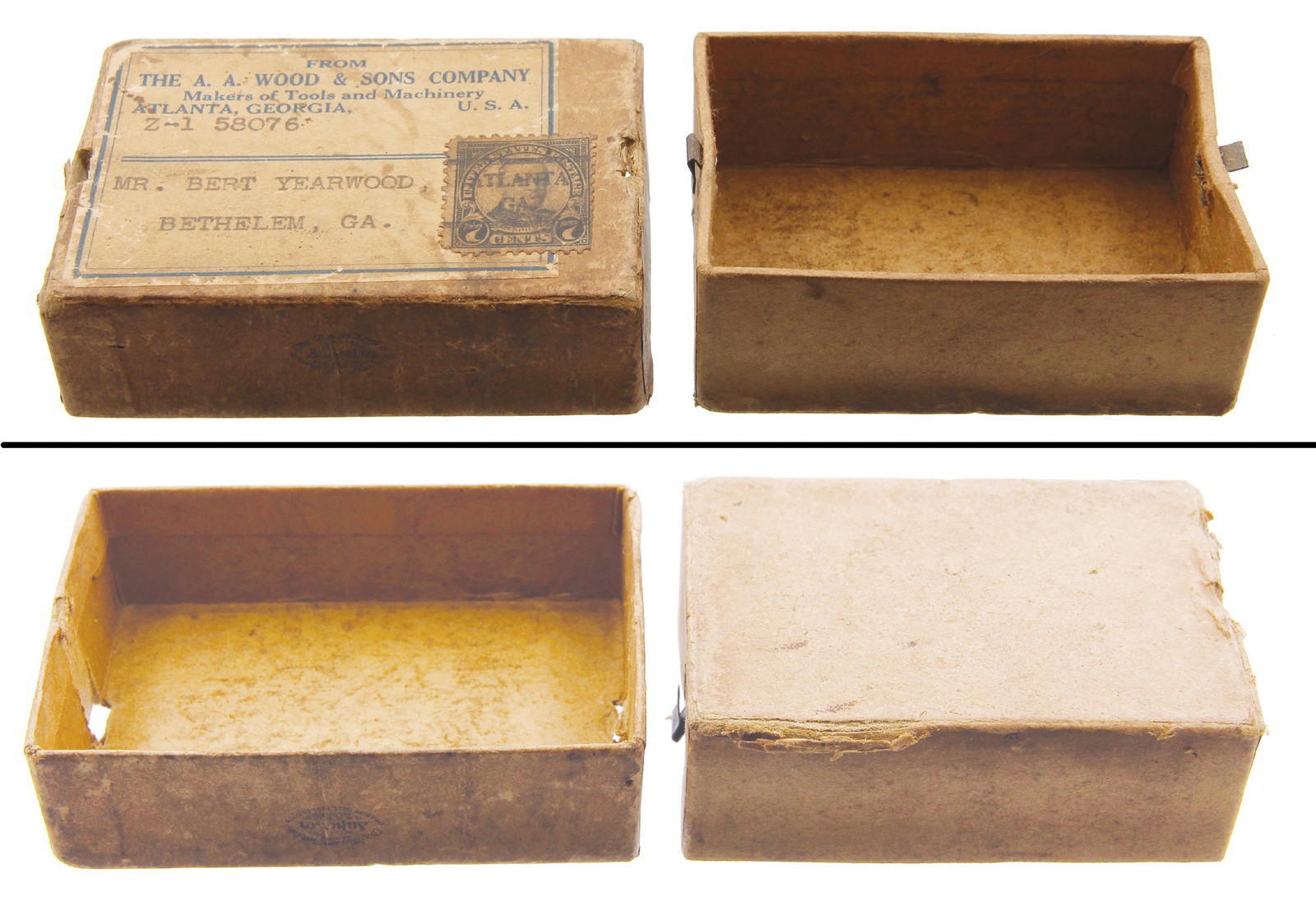 Orig. Small Parts Shipping Box - A.A. Wood & Son - McKinley Stamp - mjdtoolparts