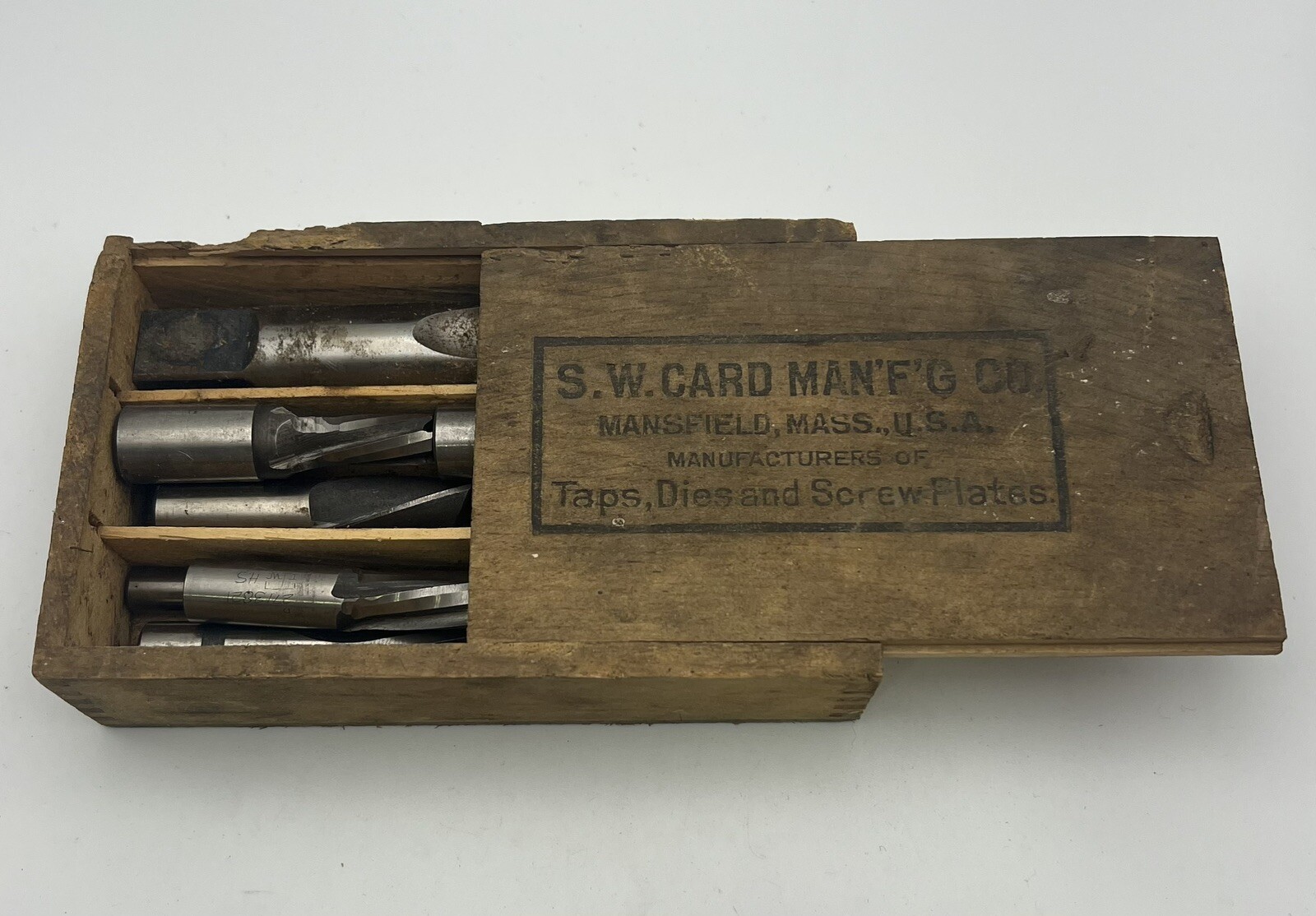 S.W. Card Manufacture Co, Mansfield Mass. Box Of 15 Taps & Dies